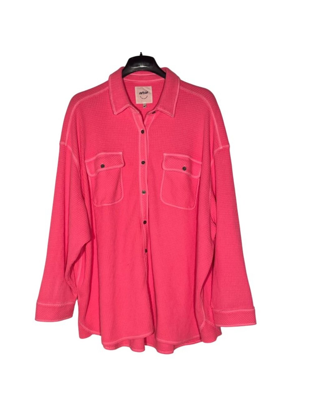 Aerie Lumberjane Thermal Waffle Knit Button Down Top Sz XL Neon Hot Pink